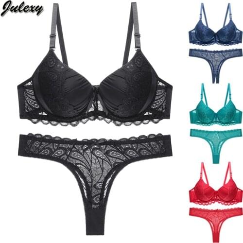 Julexy New 2020 Sexy thong Women Bra Set B C Cup Hollow Out Underwear Panty Set Push Up Solid Lace Bra Brief Sets Intimates