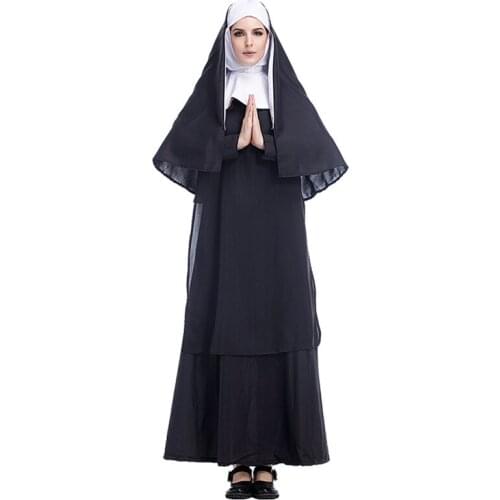 Virgin Mary Nuns Costumes for Women Sexy Long Black The Conjuring Evil Nuns Costume Arabic Religion Monk Ghost Uniform Halloween