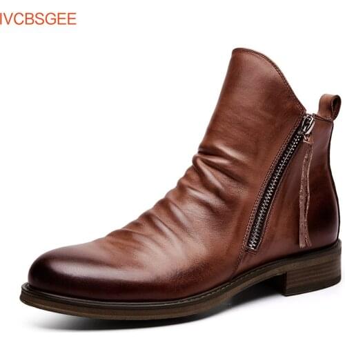 Double Side Zipper Non-slip Mens Boots Tassel Boots Mens Leather Boots Plus Size