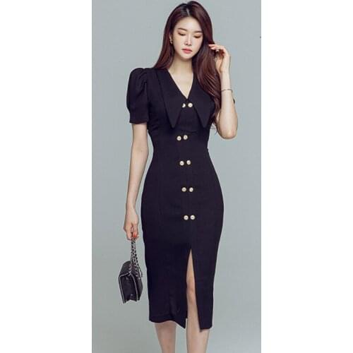 New arrival fashion korean style pencil dress women elegant summer vintage puff sleeve temperament work style solid split dress