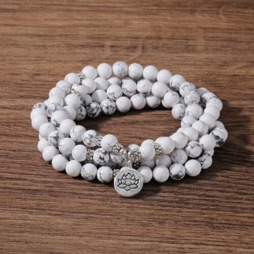 OAIITE 8mm White Howlite Stone Bracelet For Women Lotus Pendant Natural Stone Beads Charm Bracelets Buddha Yoga Jewelry Gifts