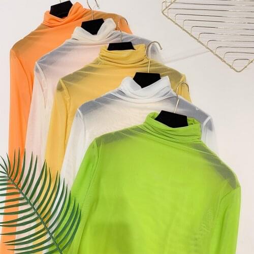 Autumn women transparent mesh t-shirts sexy see through women mesh pullover autumn inner thin mesh t-shirts tops