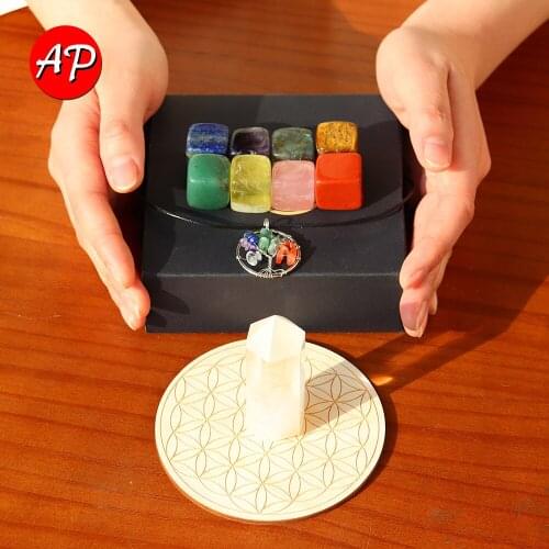 11 Pcs/Set Natural Quartz Tree of Life Pendant Chakela Crystal Block Gravel Gift Bag Mineral Collection Home Decoration