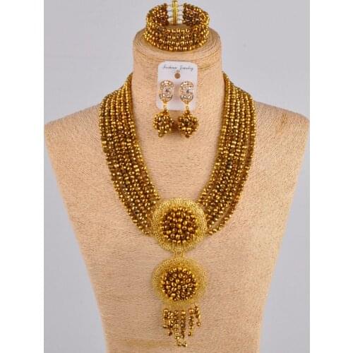 Gold plated african necklace jewelry set nigerian wedding beads crystal jewelry sets for women 6CLS01