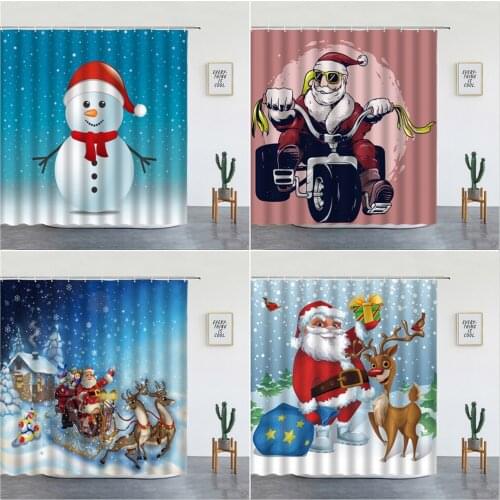 Christmas Shower Curtain Set Santa Claus Elk Snowman Fireplace Tree Happy New Year Cartoon Bathroom Living Room Background Decor