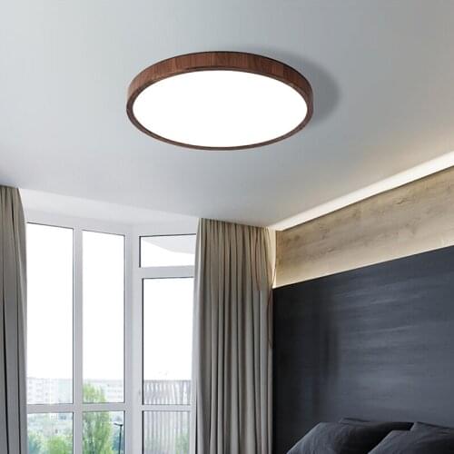 Nordic simple high-end black walnut solid wood ceiling lights ultra-thin round LED living room bedroom lamp