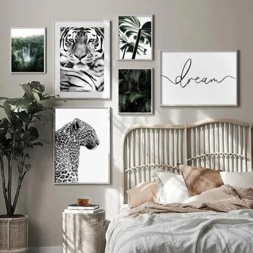 Tiger Leopard Poster Black White Canvas Painting Animal Posters Nordic Art Prints Leaf Print Quote Wall Pictures Bedroom Decor