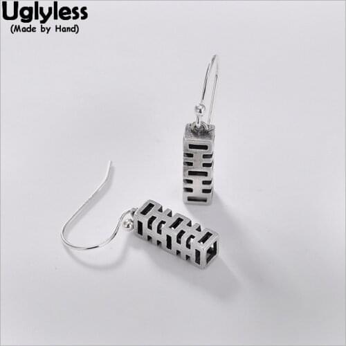 Uglyless 100% Real Solid 925 Silver Fine Jewelry Women Handmade Cuboid Earrings Hollow Maze Earrings Chinese XI = HAPPY Marriage