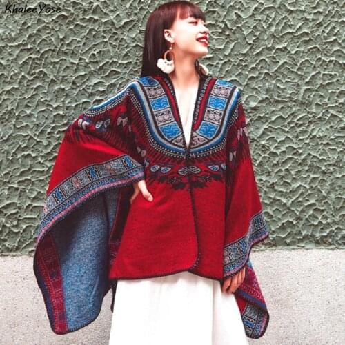 KHALEE YOSE Vintage BohoEthnic Cloak Cardigan Floral Knitted Cape Women Cape Shawl Poncho Autumn Spring Thick Warm Outwear New