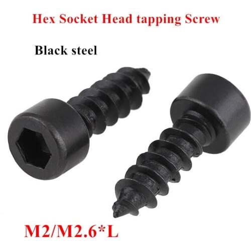 100Pcs M2 M2.6 Hex socket cap head self tapping screw Model Screws M2 M2.6*5/6/8/10/12/14/16mm Black Steel