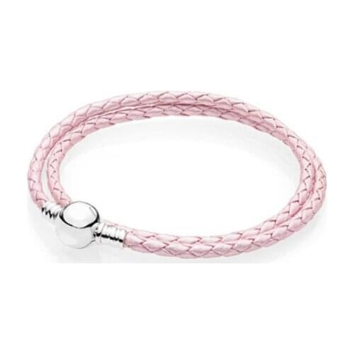 Pink Leather Bracelets for Women Signature Round Clasp 925 Sterling Silver Jewelry Braided Chain Bracelet DIY Female Woven Rope