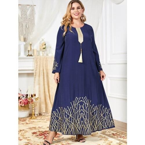 Plus Size Dress for Women Summer 2021 Elegant Ethnic Floral Embroidery Long Sleeve Muslim Arabic Oman Kuwait Clothes