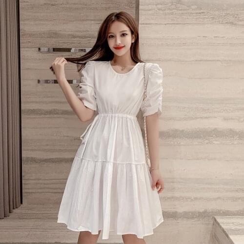 COIGARSAM Women dress Puff Sleeve Belt High Waist Dresses White Pink 6118