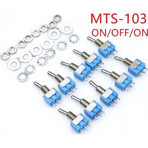 10pcs MTS-103 AC 125V 6A 3 Pins Toggle rocker Switch ON/OFF/ON SPDT