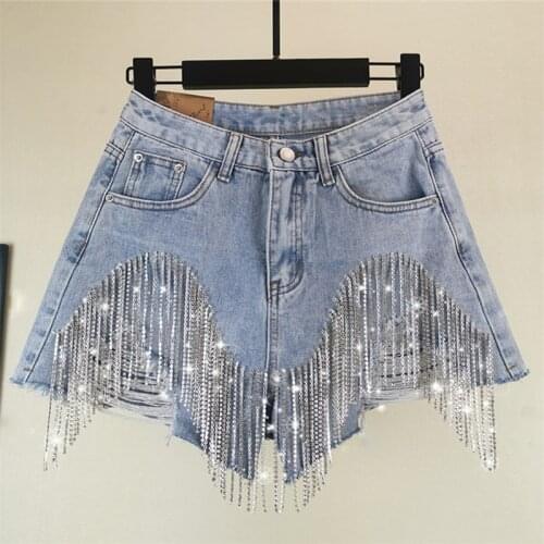 2020 Summer Loose Wide Leg Jeans Women Rhinestone Fringed Hole Jeans Ladies Hot Pants Fashion High Waist Denim Shorts Tide G036