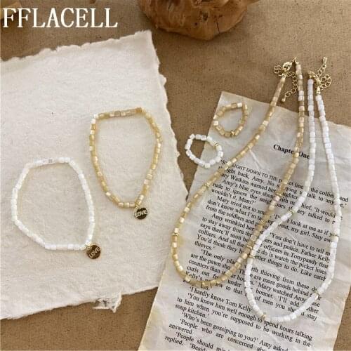 FFLACELL 2020 New Korea Simple Cute Beige White Handmade Beaded Necklace Bracelet Ring Set for Women Girls Minimalist Jewelry
