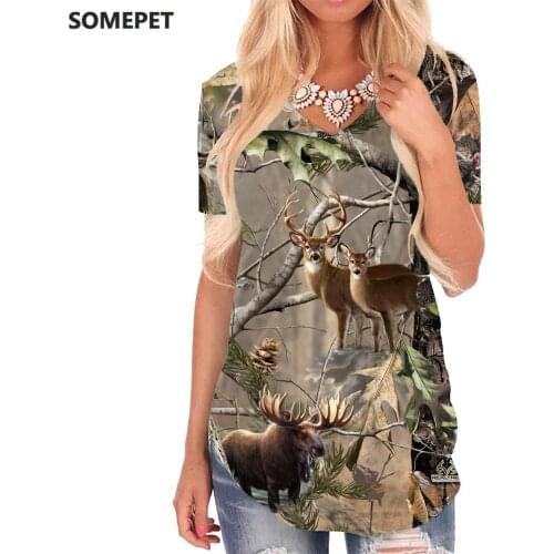 SOMEPET Animal T Shirt Women Deer V-neck Tshirt Bear T-shirts 3d Forest Funny T shirts Womens Clothing Hip hop Casual Tops
