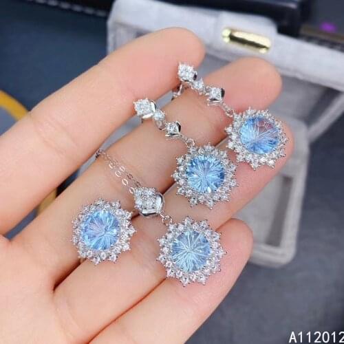KJJEAXCMY fine Jewelry 925 sterling silver inlaid natural blue topaz trendy pendant ring earring set support test Chinese style