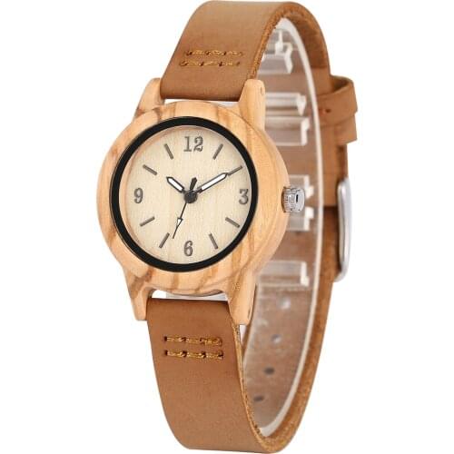Classic Brown Case Wooden Watch for Women Typical Genuine Leather Brown Strap Handmade Wood Wristwatch Gift orologio donna