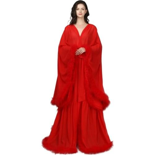 Red Maternity Evening Dresses Robes for Photo Shoot Baby Shower Ruffle Feather Chic Women Dress Photography Robe Real Images