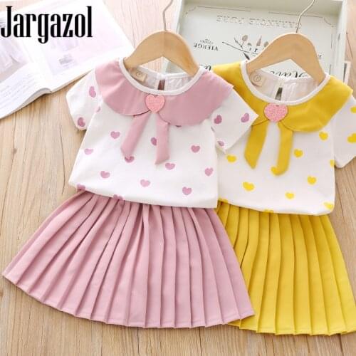 Summer Kids Clothes Fashion Love Short Sleeve Shirt&skirt Cute Korean Little Girls Clothing Set Children Ruffle Outfits