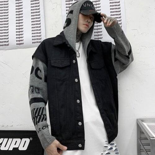 SEVEYFAN 2021 Mens Jacket Fake Two-piece Denim Hooded Stitching Sweater Sleeve Loose Top Uninex Denim Shirt