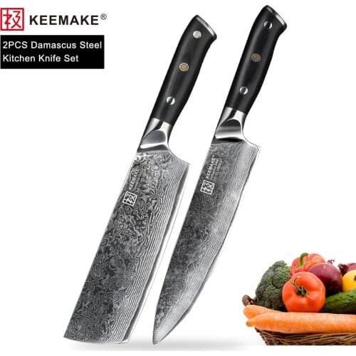 KEEMAKE 2PCS Kitchen Knife Set Chef Cleaver Knives Japanese Damascus VG10 Steel Sharp Blade G10 Handle Cook Slice Cutter Tools