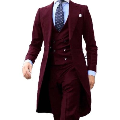 New Arrivel 2021 Long Coat Designs Burgundy Men Suit Gentle mens Tuxedo Prom Blazer Custom 3 Pieces (Jacket+vest+Pants)