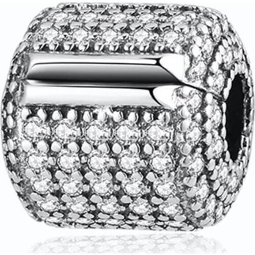 Authentic S925 Clip Charm fit Lady Bracelet Bangle Pave Barrel Clear CZ Crystal Stopper Charms DIY Jewelry