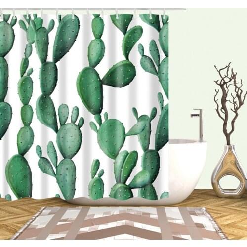 Thriving Cactus White Shower Curtain Set with 12 Hooks Natural Plants Bathroom Decoration Washable Polyester Fabric