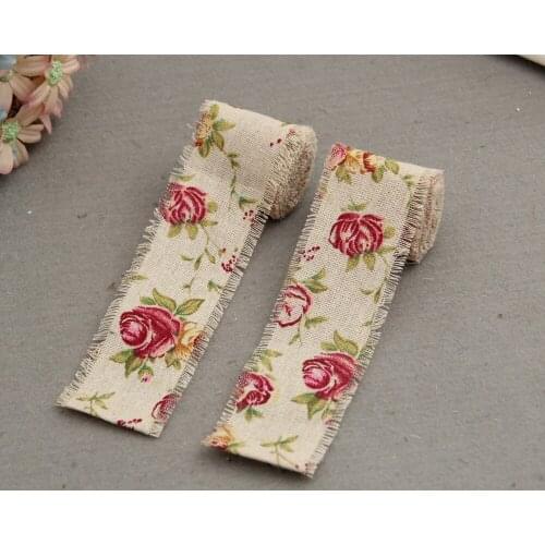 Rose Printed Jute Cloth Roll Hemp DIY Weedding Birthday Gift Strap Apparel Sewing Pulled Flower Rope Linen Volume Burlap Ribbon