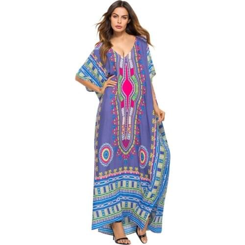 Print Beach Sundress Sexy V-neck Bohemian Long Dress African Ethnic Summer Loose Vintage Kaftan Maxi Dresses W1