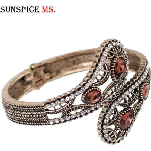 SUNSPICE-MS Champagne Crystal Women Vintage Cuff Bracelet Turkish Retro Gold Color Metal Spring Bracelet Ethnic Wedding Jewelry