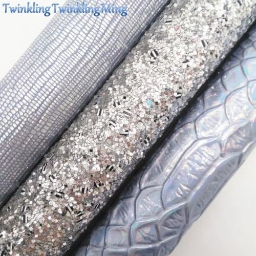 Silver Glitter Fabirc, Faux Leather Fabric, Iridescent Snake Synthetic Leather Sheets For Bow A4 8"x11"Twinkling Ming XM385