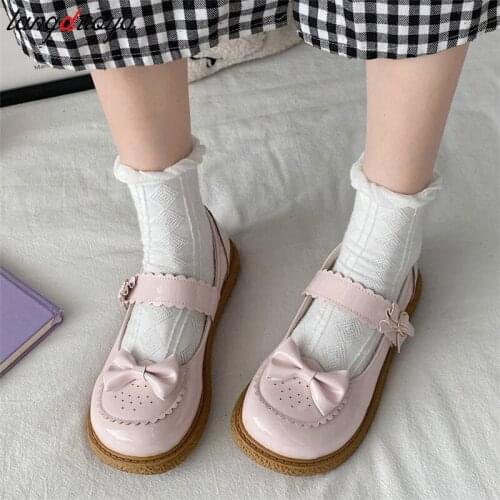 Sweet Bow Buckle Strap Mary Jane Shoes Woman Solid Color Patchwork Lace Low Heel Pumps Women Pink Lolita Shoes Ladies