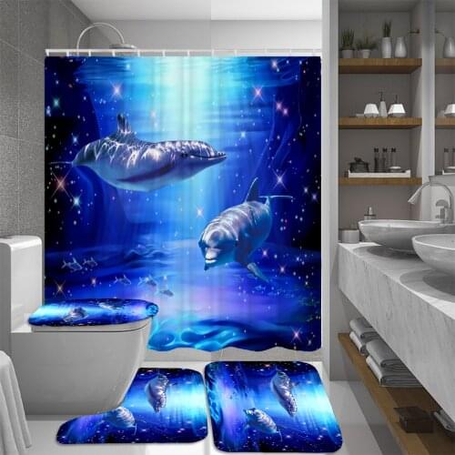 Deep Sea 3D Shower Curtains Fabric Waterproof Ocean Dolphin Bathroom Curtain Set Toilet Cover Mat Non Slip Rug Home Decor