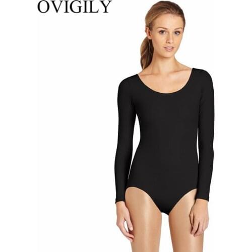 OVIGILY Womens Scoop Neck Long Sleeve Leotard Ladies Spandex Exercise Dancing Gymnastics Ballet Bodysuits Girls Short Unitards