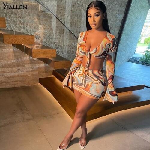 Yiallen Vintage Colorful Printing Womens Crop Top Sets Long Sleeve Asymmetrical Lace Female Miniskirt Two Pieces Beachwear 2021