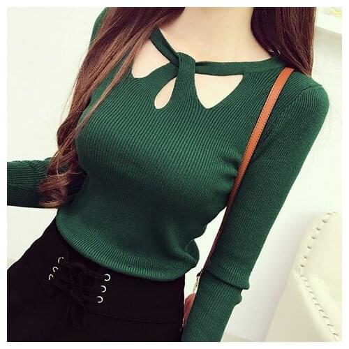 Front Cut-out Knitted Sweater Womens Autumn and Winter Slim Style in Korean Version Sexy Long-Sleeved Stretch Bottoming