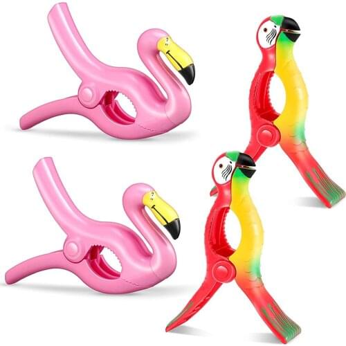 4 Pcs Beach Towel Clips for Beach Chairs, Beach Flamingo Towel Clips Parrot Towel Holder Clothes Pegs Towel Pin in Bright Color