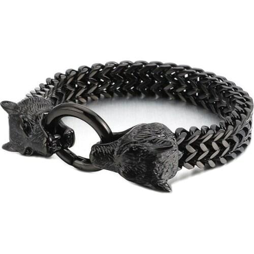 Brandnew Black 12mm 8.66'' stainless steel Figaro Chain Biker Wolf Bracelet Mens bangle jewelry Cool XMAS Gifts