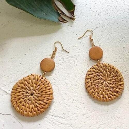 Handmade Wooden Straw Weave Rattan Earring Brown Vine Braid Geometric Big Round Shape Drop Earrings For Women Jewelry y1222-1