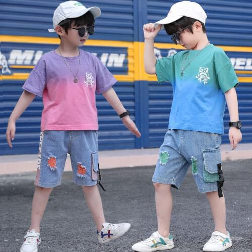 Kid Boys Summer Clothes Outfit Fashion Graffiti Short-sleeved T-shirt Denim Shorts Set Children Pants Clothing Sports Suit