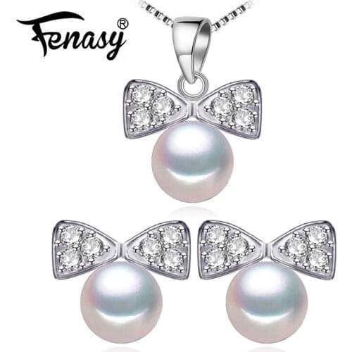 FENASY 925 Sterling Silver Pearl Jewelry Sets Natural Pearl Stud Earrings For Women Romantic Bow-knot Pendant Necklace