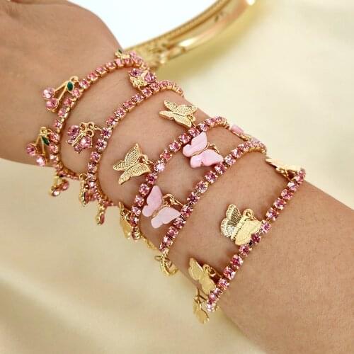 Flatfoosie New Bling Cherry Butterfly Crystal Charm Bracelets for Women Pink Crown Rhinestone Chain Bangles 2021 Trendy Jewelry