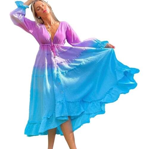 Gradient Color Printing Women Sexy Bohemian Dress 2021 Summer V-neck High Waist Lace-up Single-breasted Ruffles Mid-Calf Dresses