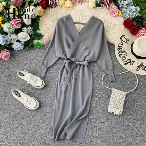 HangCode Fashion Elegant Sash Bandage Dresses for Women 2021 Sexy V-neck Knitted Slit Sweater Dress Long Sleeve Midi Dress Cloth