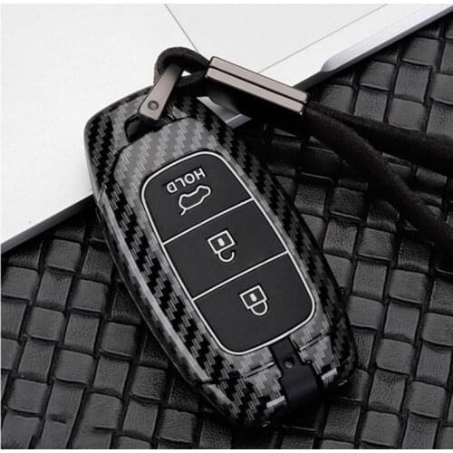 Carbon Car Key Case For Hyundai Santa Fe TM 2019 I30 2018 Solaris Azera Elantra Grandeur Accent Keychain Holder Protector Cover