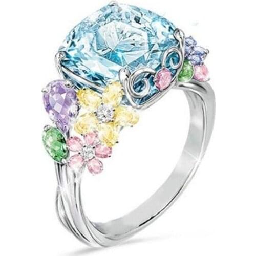Hainon New Luxury Muti-color Flower CZ Ring for Women Silver Color Sky Blue AAA Cubic Zirconia Rings Jewelry Nice Gifts