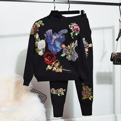 Sports Knitted Set Female Autumn Winter Fashion Loose Women Sequin Flower Long sleeve Sweater Long Pants Female Tracksuit 2pcs